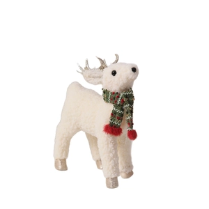Decorazione natalizia renna di peluche bianca con sciarpa a quadri e corna dorate