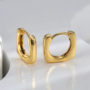 French style minimalist gold square hoop earrings with a polished metallic finish