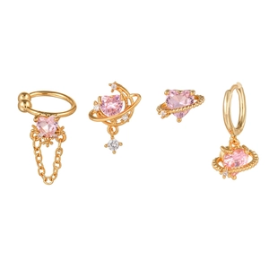 Pink heart crystal earring set with gold accents and sparkling diamond details