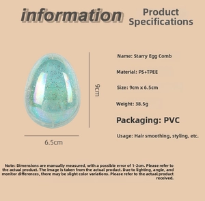 Detailed view of the star-patterned egg-shaped hairbrush with glitter finish and dimensions