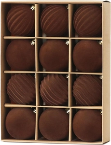 Detail of 12 brown velvet Christmas ball ornaments with wave texture and gold caps