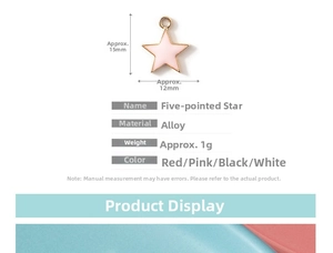 Detailed view of pink pentagram alloy charm showing 15mm by 12mm dimensions