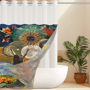 Detail of artistic bohemian pattern on waterproof fabric shower curtain with koi and sun