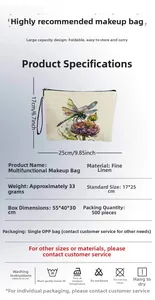 Detail showing linen dragonfly makeup bag dimensions 17x25cm and lightweight 33g material