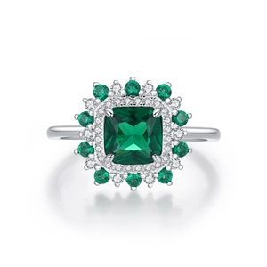 Vintage S925 silver cushion-cut emerald ring with double halo sparkling diamond accents