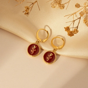 French style 18K gold plated titanium steel hoop earrings with red rose relief pendants