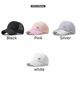 Detail of sequin baseball caps with M logo in black, pink, silver and white colors