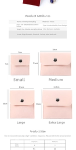 Detailed size chart for velvet jewelry pouches showing small and medium dimensions