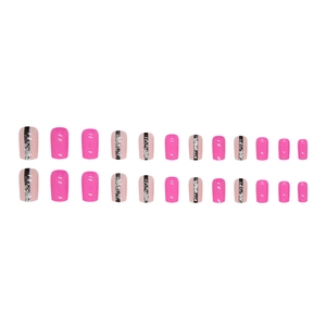 Glossy square magenta fake nails with black stripes and silver glitter accents