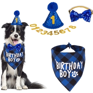 Blue sequin pet birthday set with hat, bowtie, birthday boy bandana and golden numbers