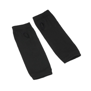 Detail view of black knitted arm sleeves with thumb holes for sports and sun protection