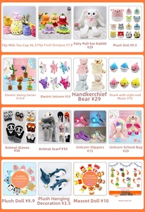 Variety of electric unicorn toys and plush animals including dancing cacti and shark dolls