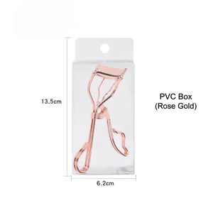 Rose gold carbon steel eyelash curler in 13.5x6.2cm dimensions with PVC box packaging