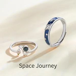 S925 silver astronaut couple rings with blue enamel star and adjustable open band