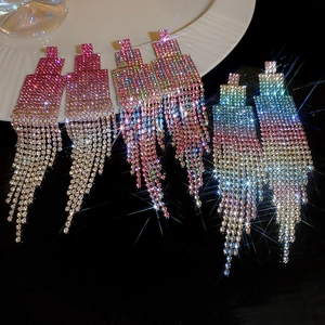 Boucles D'oreilles Longues À Pampilles Dégradées Strass Avec Tige En Argent Carré Géométrique Bijoux De Mode Pour Femmes