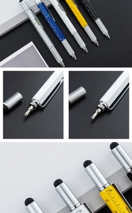 Detail view of 6-in-1 tool pen with screwdriver, level and ruler functions