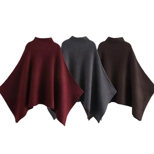 Women Knitted Poncho Cape Asymmetric High Neck Zip Up Solid Color Polyester Fashion Casual Outerwear Jacket