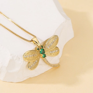 Dragonfly Pendant Necklace Copper Plated Gold Micro Set Green White Zirconia Box Chain Dainty Fashion Jewelry For Women