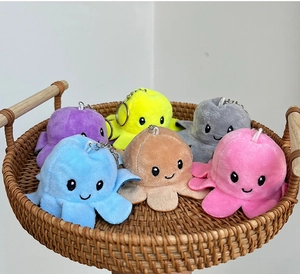 Close-up of colorful plush octopus keychains in a woven tray with metal rings