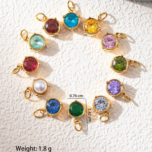 Gold stainless steel birthstone pendants in twelve colors with dimensions and weight info