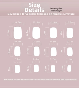 Size chart showing 12 different dimensions for medium-length coffin press-on nails