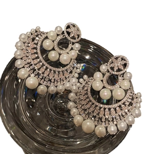 Vintage gold plated round pearl drop earrings with zircon floral accents for women