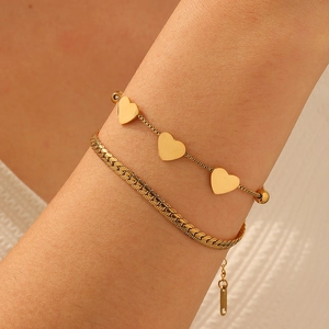 Double-layer gold plated stainless steel bracelet with heart charms and flat snake chain