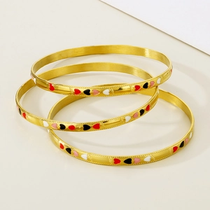 Three-piece 18K gold plated stainless steel bangles with colorful heart enamel designs