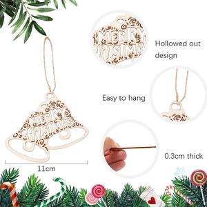 Hollowed out wooden Christmas bell pendant with Merry Christmas engraving and hemp rope