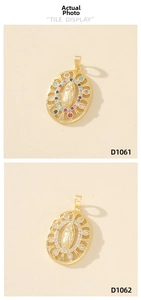Detail of gold-plated Virgin Mary pendants featuring colorful and clear zircon stones