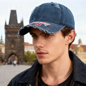 Casquette de baseball rétro en denim bleu foncé délavé avec broderie sur fond de rue urbaine