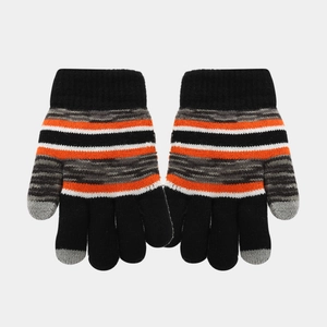 Close-up of knit winter gloves with black orange and grey stripes for cold protection