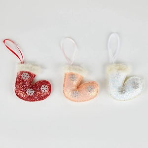 Glittery Christmas boot ornaments with snowflake sequins and fur trim in red pink and white