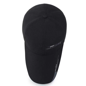 Black casual canvas sports cap with white printed lettering and sun protection brim