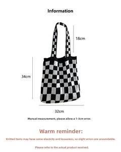 Detailed size specifications for the checkerboard knit tote bag in black and white