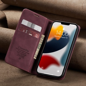 Detail of burgundy leather wallet case featuring three card slots and a large cash pocket