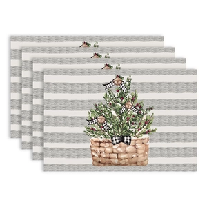 Set of four Christmas placemats featuring a watercolor tree in a basket on striped fabric