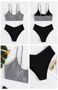 Detail of striped bikini top with adjustable straps and black high-waisted v-cross bottoms
