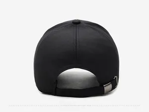 Rear view of black cotton baseball cap showing adjustable strap and metal buckle