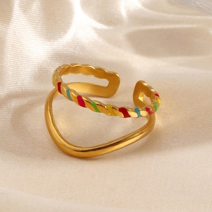 Stainless Steel Open Ring Colorful Enamel Layered Wave Twisted Rope Adjustable Minimalist Boho Fashion Women