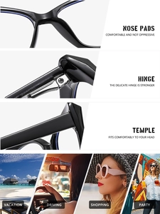 Detail view of TR90 cat eye frames showing nose pads, metal hinges and ergonomic temples