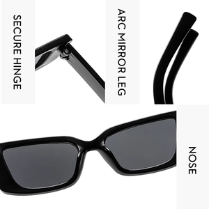 Detail of reinforced hinges and ergonomic curved temples on black rectangular sunglasses