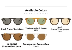 Selective color display of vintage thick-frame sunglasses in five classic color variants