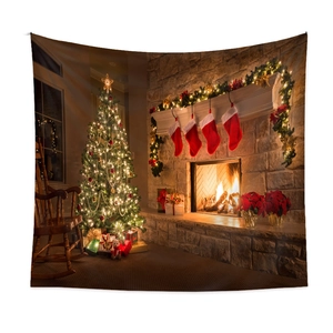 Detail of a Christmas tree tapestry with warm fireplace and holiday decor on fabric