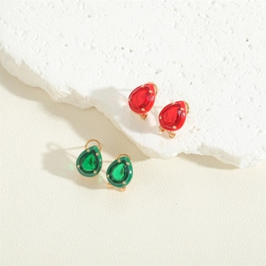 French vintage teardrop stud earrings in gold with ruby red and emerald green crystals