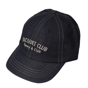 Retro dark blue denim baseball cap featuring beige Racquet Club embroidery at 45-degree angle
