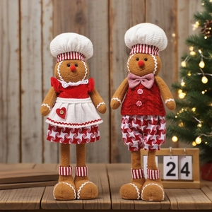 Christmas Gingerbread Man Plush Doll Ornament Telescopic Legs Chef Hat Knitted Fabric Desktop Holiday Home Decor