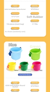 Detail view of colorful soft rubber beach buckets in square and round shapes
