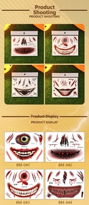 Detailed view of Halloween temporary tattoos featuring scary mouth, scars, and spiders