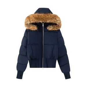 Women's short navy puffer jacket with a faux fur hood and windproof thumbhole cuffs